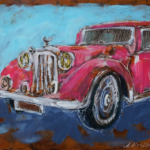 Vintage Car Art: Handcrafted Painting on Reclaimed Wood Panel