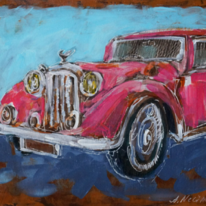 Vintage Car Art: Handcrafted Painting on Reclaimed Wood Panel