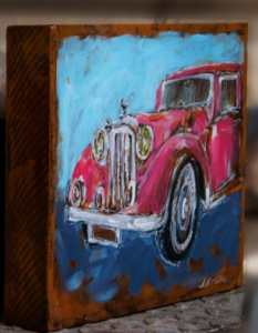 Vintage Car Art: Handcrafted Painting on Reclaimed Wood Panel