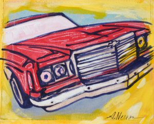 Vintage Car Art: Handcrafted Painting on Reclaimed Wood Panel, 9x10 Inches